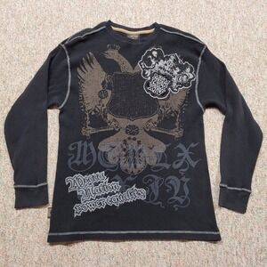 Mecca Apparel Shirt Mens 2XL Black Waffle Knit Thermal Graphic Long Sleeve Y2K